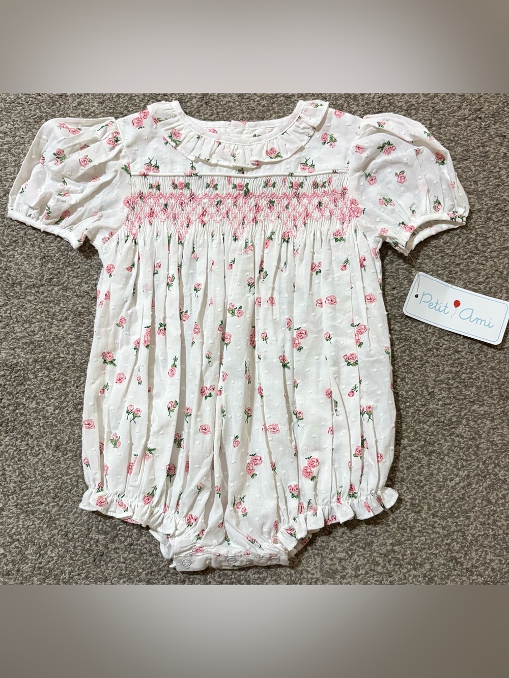 Petit Ami White Baby Girl Floral Smocked One-Piece